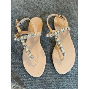Stuart Weitzman Womens Goldie Jelly T-Strap Sandals Beige Slingback Beaded Sz8